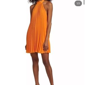 Vibrant Orange Pleated Halter DresAlice + Olivia Aviana Halter Neck Dress
